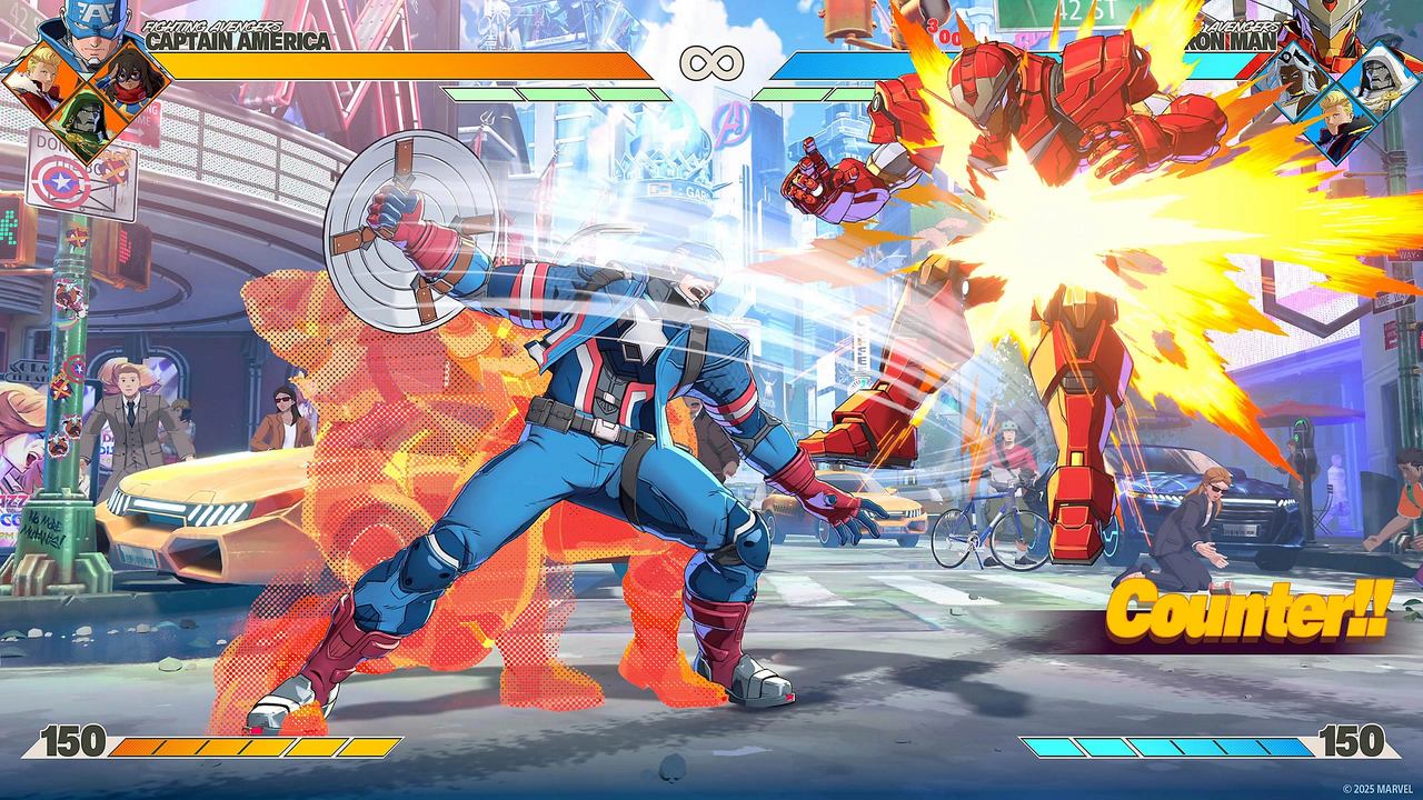 Captain America attacks Iron Man with his shield in a colorful city street fighting game during the Marvel Tōkon: Fighting Souls closed beta, as "Counter!!" flashes on screen.