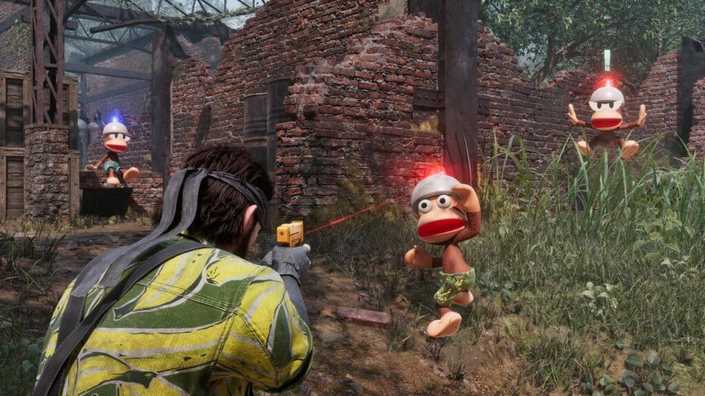 A person aims a stun gun at cartoon monkeys wearing flashing helmets in a ruined brick building, echoing the stealthy vibe of Metal Gear Solid Delta Snake Eater.
