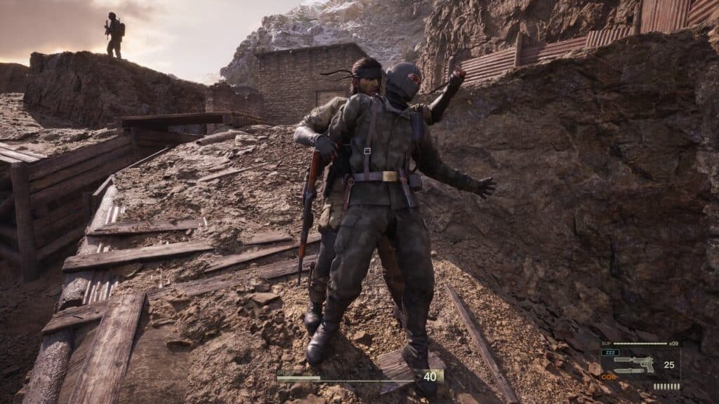 Two soldiers in combat gear, one stealthily attacking the other on a rocky battlefield, evoking the intense espionage action of Metal Gear Solid Delta: Snake Eater.