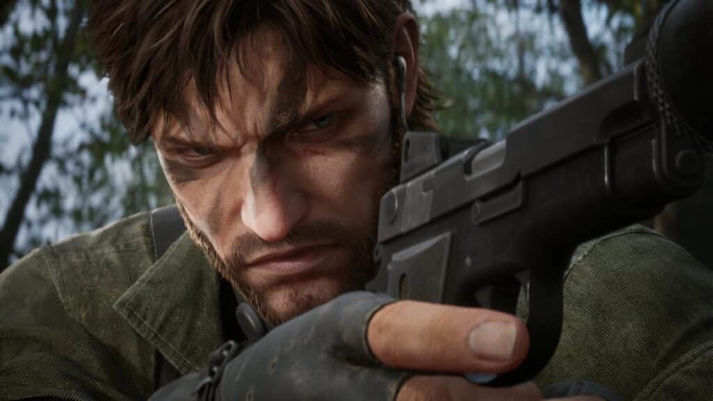 A rugged man with face paint aims a handgun intensely, set against a blurred outdoor background, evoking the stealth and tension of Metal Gear Solid Delta: Snake Eater.
