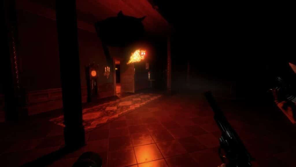 A dark, eerie room with red lighting, a gun in hand, and a fiery, shadowy creature floating mid-air—an unsettling scene straight out of the Midnight Murder Club.