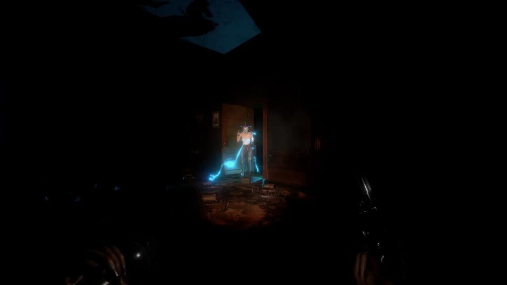 A dark room with a glowing blue ghostly figure standing in a doorway, scattered objects hinting at the secrets of the Midnight Murder Club.