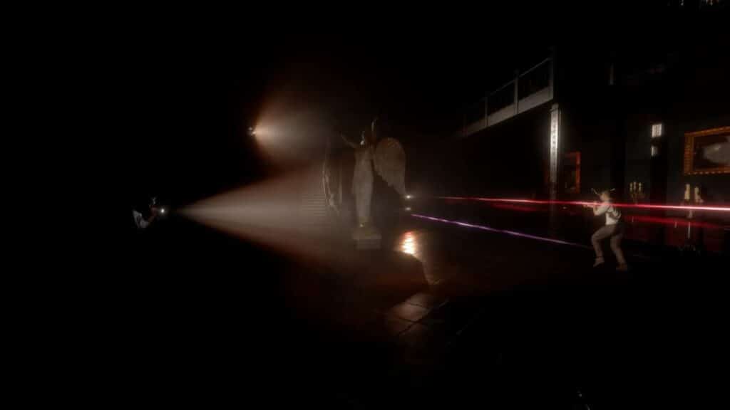 A member of the Midnight Murder Club fires a gun with red laser sights at a distant figure in a dimly lit room, shadowed by a large angel statue.