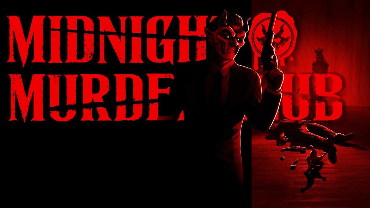 A masked figure with a gun stands over bodies, embodying the chilling world of the Midnight Murder Club, next to bold red text: "Midnight Murder Club.