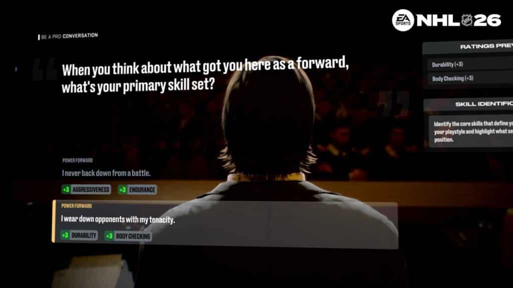 A hockey player faces a crowd as an in-game dialogue from EA Sports NHL 26 asks about their primary skill set as a forward.