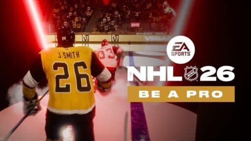Hockey players on the ice with "EA Sports NHL 26 Be A Pro" and the EA Sports logo displayed.