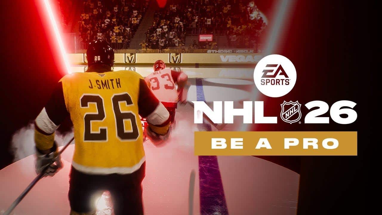 Hockey players on the ice with "EA Sports NHL 26 Be A Pro" and the EA Sports logo displayed.