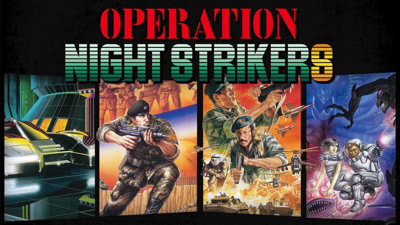 Retro-style cover art for Operation Night Strikers, featuring soldiers, cars, jets, and astronauts beneath the bold title.