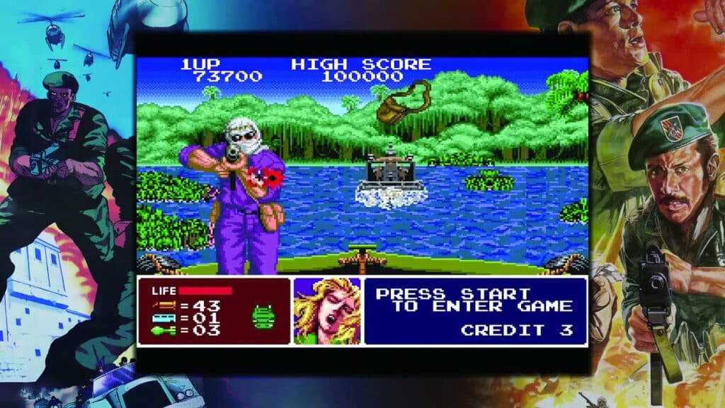 Retro arcade game screen from Operation Night Strikers, featuring a masked gunman, a boat on a river, and detailed game stats displayed.