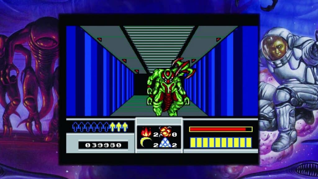 Screenshot from Operation Night Strikers showing a green alien monster in a blue sci-fi corridor, complete with a classic retro-style status bar.