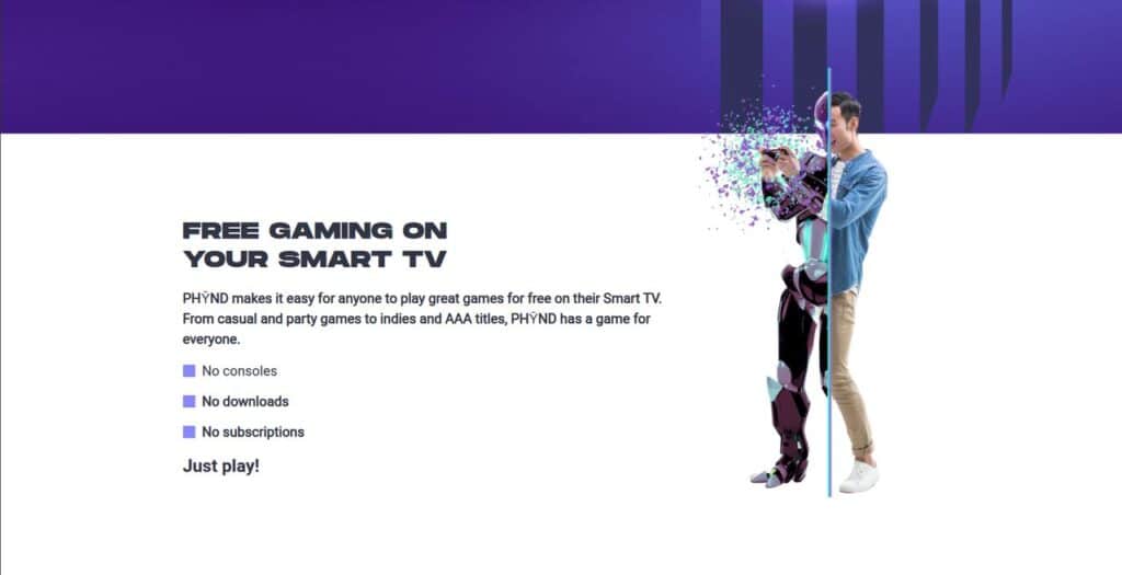 A man merges with a pixelated video game character beside text promoting free smart TV gaming on the PHYND Samsung Gaming Hub.
