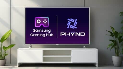 A TV displays the PHYND Samsung Gaming Hub and PHYNID logos; plants and decor sit on a white stand below.