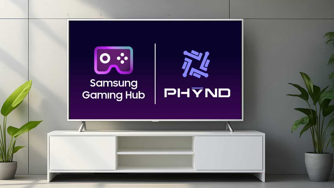 A TV displays the PHYND Samsung Gaming Hub and PHYNID logos; plants and decor sit on a white stand below.
