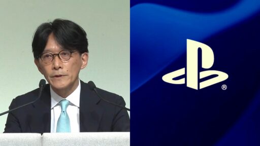 ony Senior Vice President Sadahiko Hayakawa beside a PlayStation logo on a blue background, highlighting the PlayStation platform-first strategy.