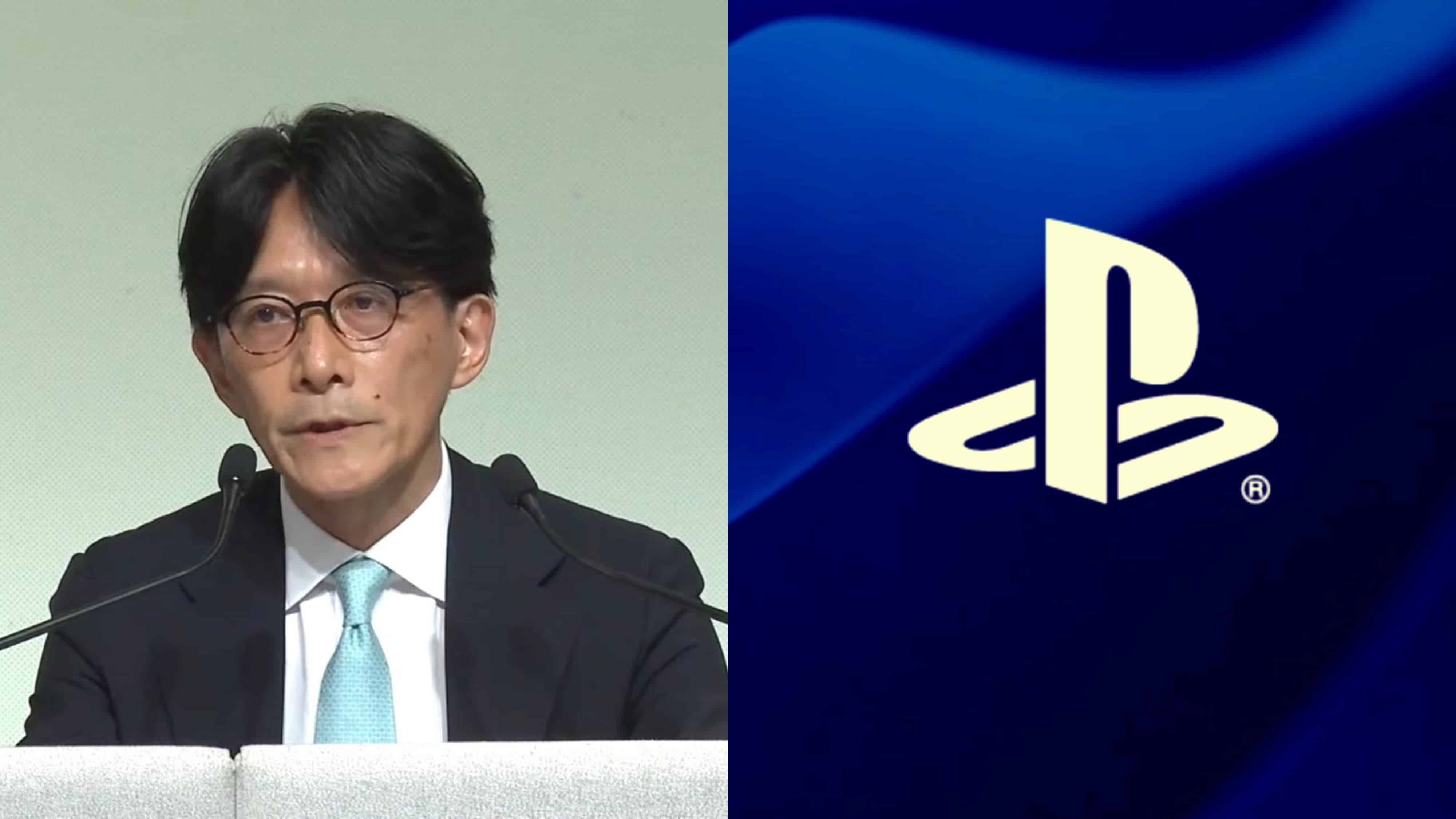 ony Senior Vice President Sadahiko Hayakawa beside a PlayStation logo on a blue background, highlighting the PlayStation platform-first strategy.