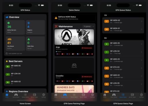 Screenshot of the home, GFN Game Patching Page and GFN Queue Status Page in PrintedWaste GeForce NOW Queue Game Patching App.
