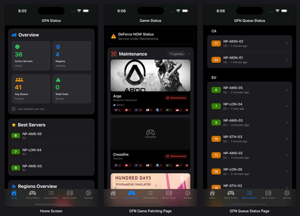 Screenshot of the home, GFN Game Patching Page and GFN Queue Status Page in PrintedWaste GeForce NOW Queue Game Patching App.