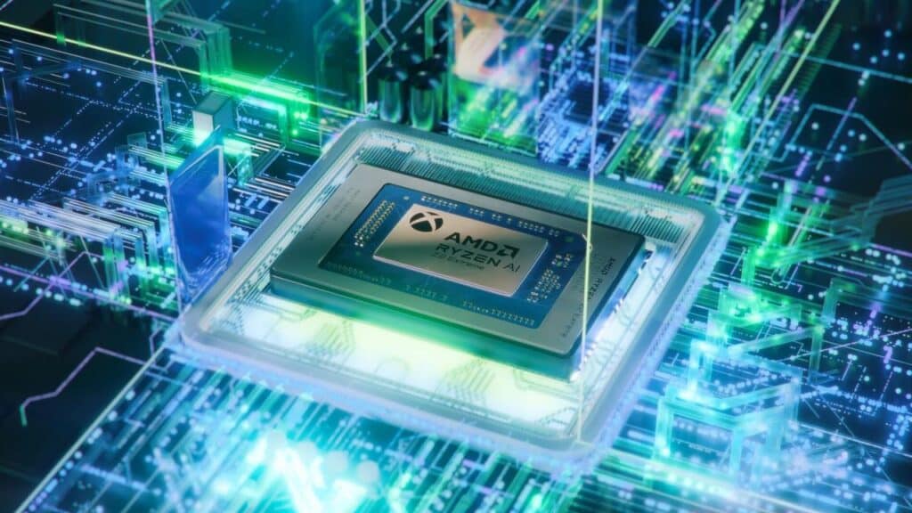 A close-up of an AMD Ryzen AI chip on a glowing, futuristic circuit board, reminiscent of the cutting-edge technology behind the ROG Xbox Ally launch.