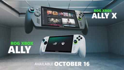 Two handheld gaming consoles labeled ROG XBOX ALLY and ALLY X, marking the ROG Xbox Ally launch, with a release date of October 16.