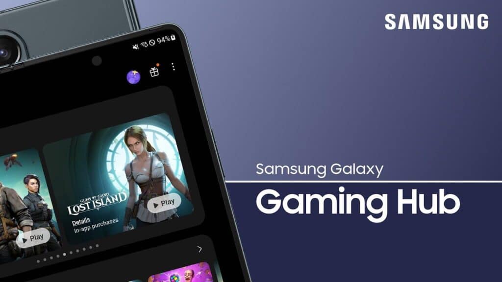 Samsung Galaxy phone displaying the Gaming Hub with various game options, highlighting Samsung mobile cloud gaming in Europe, and the Samsung logo on the right.
