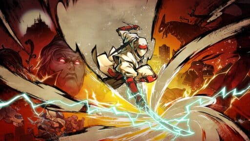 A ninja in white leaps with a sword, surrounded by lightning and menacing faces in a fiery, comic-book style scene—a striking display of Shinobi Art of Vengeance.