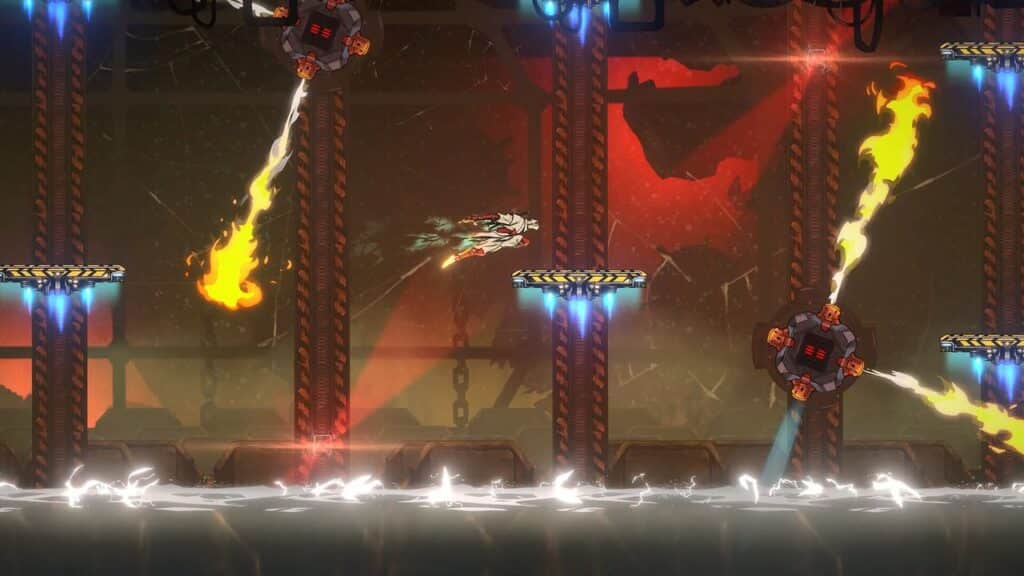 A character, mastering the Shinobi Art of Vengeance, flies through a fiery, mechanical obstacle course filled with lasers, flames, and electrified water below.