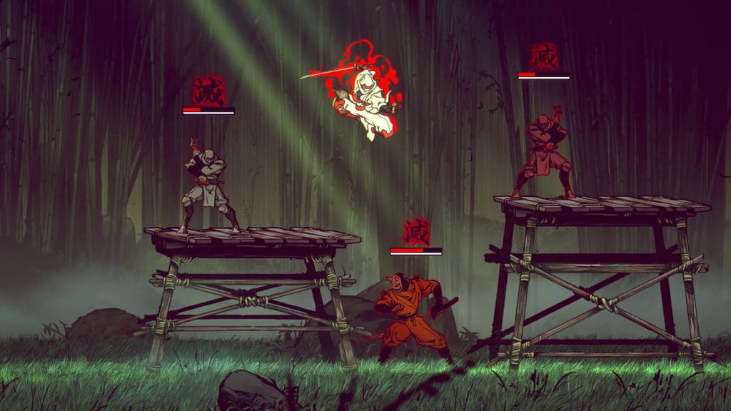 A warrior harnessing the Shinobi Art of Vengeance leaps with a sword toward three enemies on wooden platforms in a misty bamboo forest.