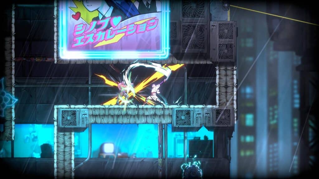 Two characters, masters of the Shinobi Art of Vengeance, fight with glowing swords atop a neon-lit building in a futuristic city at night.