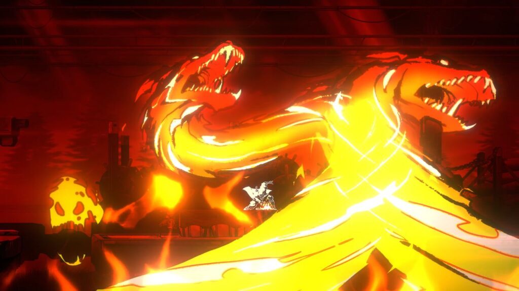 A glowing two-headed dragon roars in a fiery, red-lit industrial setting, embodying the fierce spirit of the Shinobi Art of Vengeance with flames raging in the background.