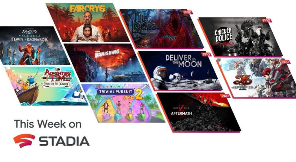 Collage of video game covers available on Stadia, including Far Cry 6 and Assassin’s Creed Valhalla—curated with insights from a former Google Stadia Community Manager.