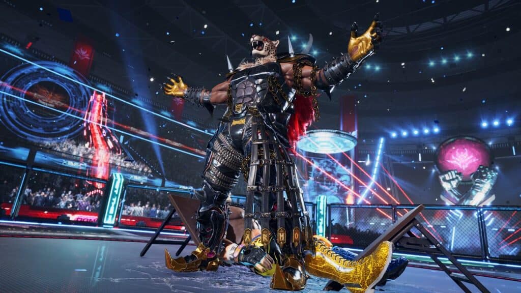 Armor King poses triumphantly in a brightly lit arena with a defeated opponent at his feet, channeling the fierce energy of Tekken 8 EVO 2025.