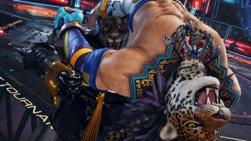 Two muscular fighters with jaguar masks grapple intensely in a dramatic wrestling arena, capturing the electrifying spirit of Tekken 8 EVO 2025.