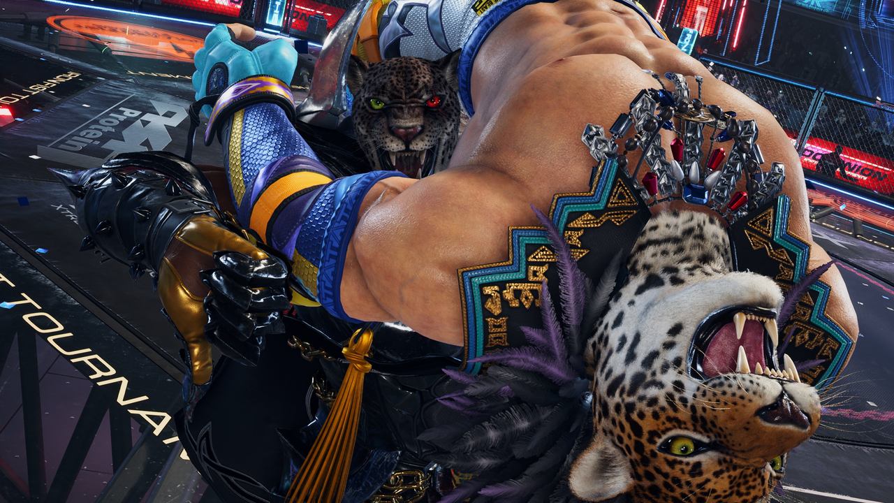 Two muscular fighters with jaguar masks grapple intensely in a dramatic wrestling arena, capturing the electrifying spirit of Tekken 8 EVO 2025.