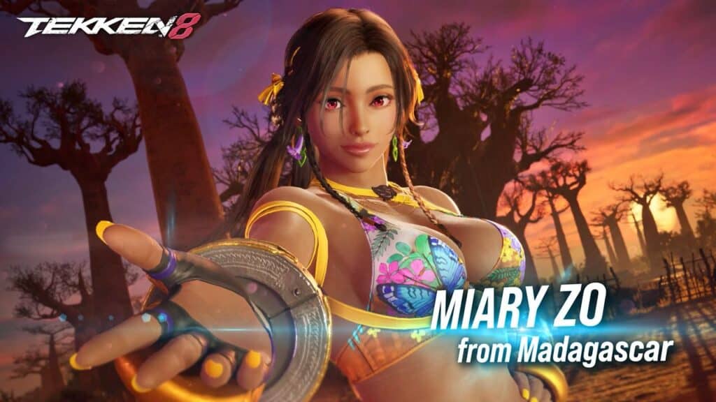 A Tekken 8 character named Miary Zo poses in colorful attire with a Madagascar sunset in the background, celebrating her debut at Tekken 8 EVO 2025.