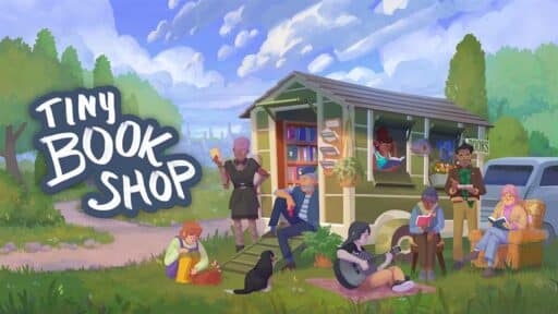 People read books and relax around a cozy green Tiny Bookshop trailer in a bright, scenic outdoor setting.