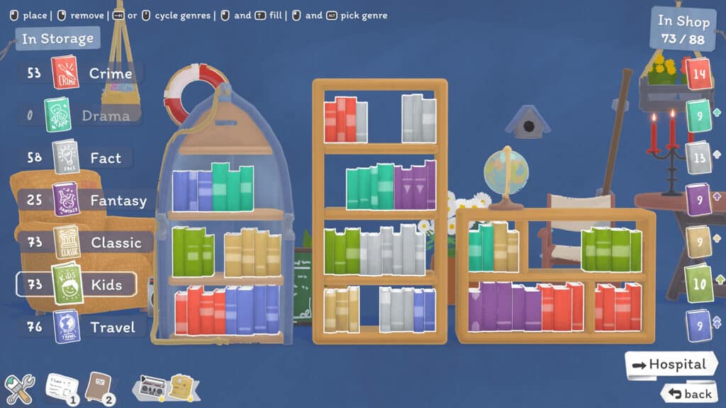 Colorful books are organized by genre on shelves in a cozy Tiny Bookshop digital library game interface.