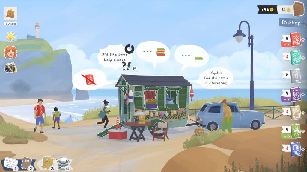 A colorful beach scene with people gathered around the Tiny Bookshop van, set against dramatic cliffs and a lighthouse in the background.