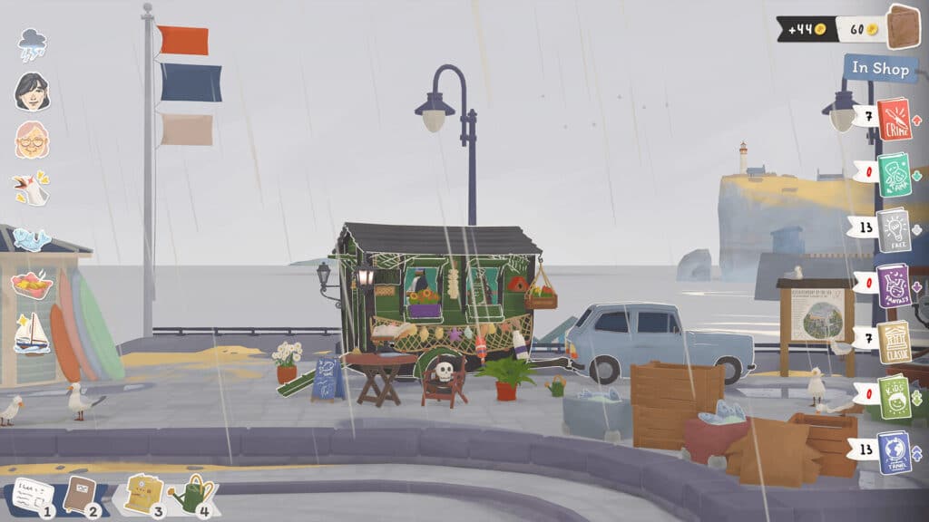 A cozy tiny bookshop market stall by the sea on a rainy day, with plants, goods, a van, and seagulls nearby.