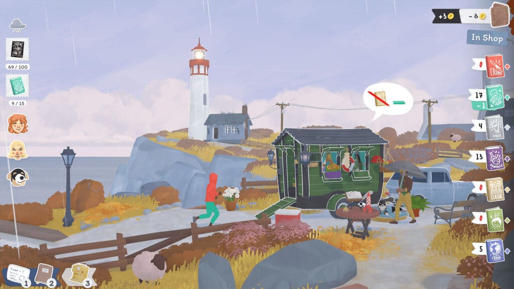 A colorful coastal scene with a lighthouse, a green caravan, and characters gathered under light rain near the cozy Tiny Bookshop.
