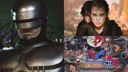 Split image: Robocop close-up, A Plague Tale: Requiem, and Cuphead top 10 gog games on Amazon Luna.