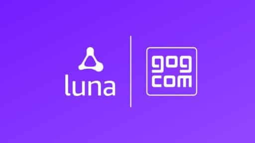 Luna and GOG.com logos side by side on a purple background with a vertical dividing line, highlighting GOG games on Amazon Luna.