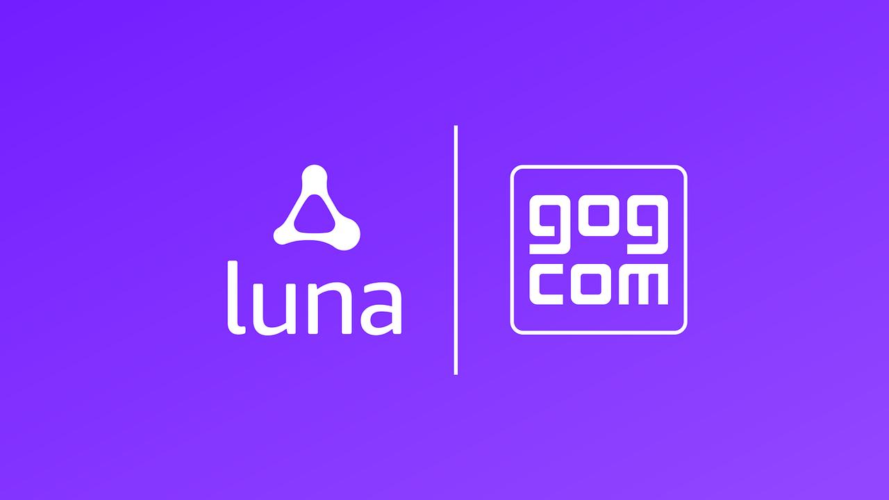 Luna and GOG.com logos side by side on a purple background with a vertical dividing line, highlighting GOG games on Amazon Luna.