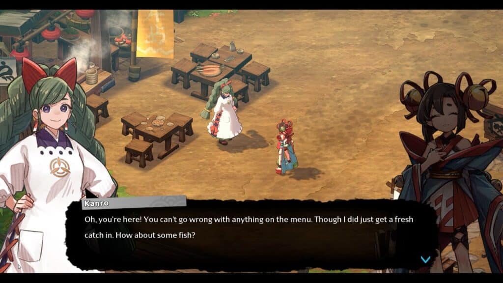 Anime-style game scene with three characters talking in a rustic outdoor cafe, with text about fresh fish. Features a Towa and the Guardians of the Sacred Tree preview atmosphere.