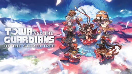 Anime-style characters with animal features stand on floating islands above clouds, with Towa and the Guardians of the Sacred Tree preview text on the left.