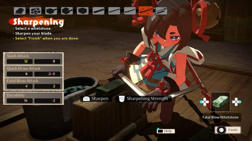 Anime-style character sharpening a sword at a workbench, with the Towa and the Guardians of the Sacred Tree preview game interface and stats visible on screen.