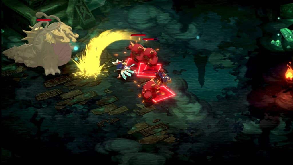In the Towa and the Guardians of the Sacred Tree preview, a character attacks three red enemies with a yellow slash in a dark, fantasy-themed game environment.