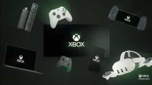 Xbox logo on a screen, surrounded by gaming devices, controllers, a laptop, phone, and VR headset—highlighting the possibilities with an Xbox Cloud Gaming affordable plan.