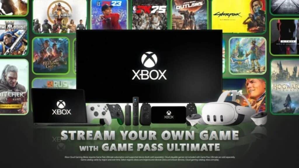 Xbox devices and accessories with popular game covers, promoting streaming with Game Pass Ultimate and an xbox cloud gaming affordable plan.