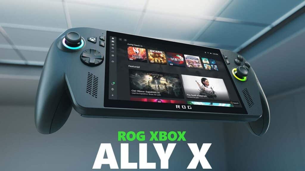 A handheld gaming console labeled "ROG XBOX ALLY X" displays game options on its screen, highlighting Xbox Cloud Gaming and an affordable plan for endless entertainment.