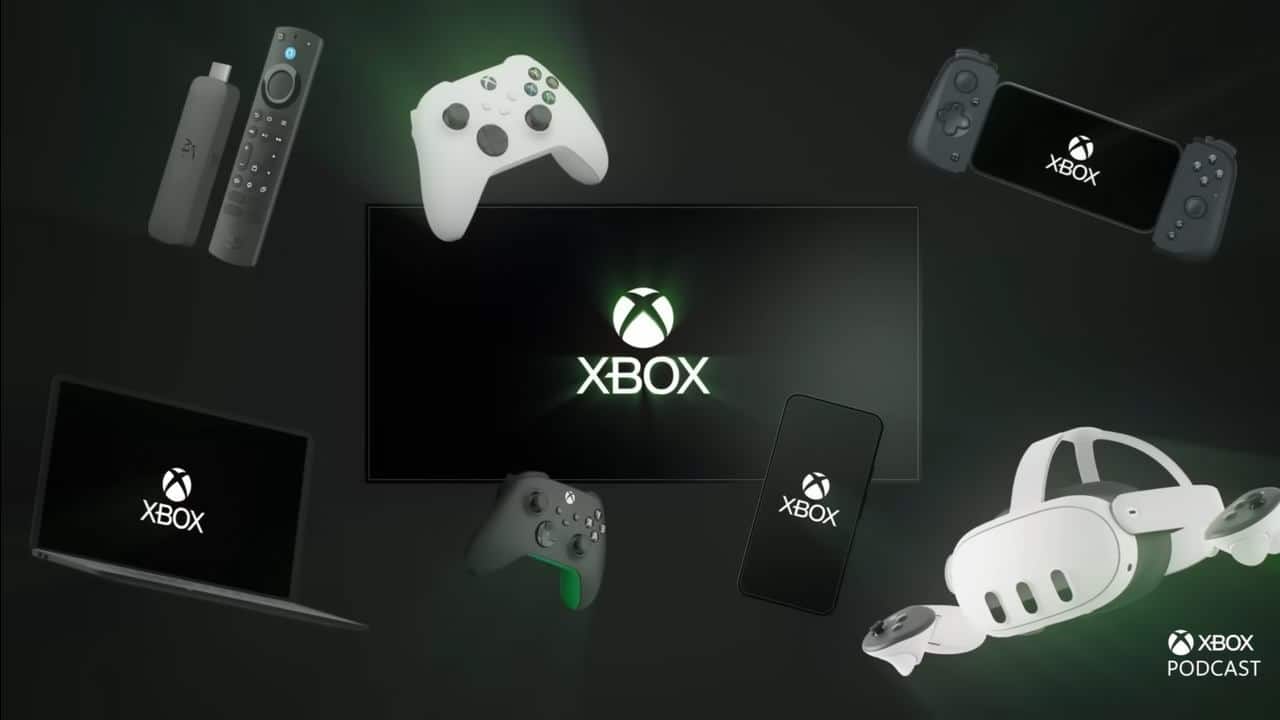 Xbox logo on a screen, surrounded by gaming devices, controllers, a laptop, phone, and VR headset—highlighting the possibilities with an Xbox Cloud Gaming affordable plan.